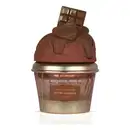 Frasco de perfume Lattafa Choco Overdose com tampa em formato de barra de chocolate marrom e rótulo dourado com texto "Give me gourmand". O frasco possui design elegante e sofisticado, em tons de marrom e dourado.