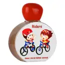 Frasco de perfume Riders da Lattafa Perfumes, com embalagem redonda branca e tampa vermelha em formato de balão. O rótulo apresenta ilustrações de duas crianças em bicicletas, com o nome "Riders" escrito em vermelho.