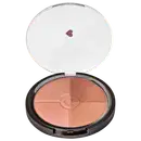 Pó compacto facial multiefeitos Bronze com quatro cores em tons rosados em estojo redondo preto com tampa transparente e coração ilustrado na tampa.