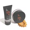 Bisnaga preta com letras rosa e branca de primer Instamatte e pote com tampa preta e letras rosa de pó solto translúcido Amarelê com pequena porção do produto ao lado, todos da marca Quem Disse, Berenice?.