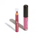 Lápis 3 em 1 Toda Colorida Bege Atração com corpo bege e tampa transparente e gloss labial Gloss dos Sonhos na cor nude com tubo transparente e tampa preta.