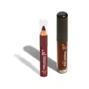 Lápis 3 em 1 Toda Colorida Marrom Animação com corpo marrom e tampa transparente e gloss labial Gloss dos Sonhos na cor marrom com tubo transparente e tampa preta.