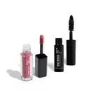 Dois produtos em miniatura da marca Quem Disse, Berenice?: frasco transparente com conteúdo rosa e tampa preta com aplicador rosa de batom líquido Instamatte e máscara de cílios preta com embalagem e aplicador pretos Big Bang.