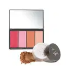 Combo contendo paleta de maquiagem multifuncional em embalagem preta retangular com quatro produtos em pó compacto em tons de rosa, laranja e pêssego e espelho na tampa. Acompanha embalagem redonda de pó solto marrom claro e logotipo Tô no Glow na tampa.