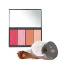 Combo contendo paleta de maquiagem multifuncional em embalagem preta retangular com quatro produtos em pó compacto em tons de rosa, laranja e pêssego e espelho na tampa. Acompanha embalagem redonda de pó solto acobreado com logotipo Tô no Glow na tampa.