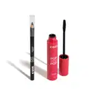 Imagem de dois produtos da marca POP Quem Disse, Berenice? contendo um lápis para olhos na cor preta com tampa transparente e uma máscara de cílios em tubo rosa com aplicador preto. O fundo da imagem é branco com sombreado.