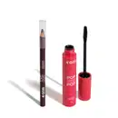 Imagem de dois produtos da marca POP Quem Disse, Berenice? contendo um lápis para olhos na cor marrom com tampa transparente e uma máscara de cílios em tubo rosa com aplicador preto. O fundo da imagem é branco com sombreado.