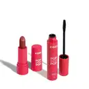 Imagem de dois produtos da marca POP Quem Disse, Berenice? contendo um batom cremoso em embalagem rosa na cor Marrom Nude e uma máscara de cílios em tubo rosa com aplicador preto. O fundo da imagem é branco com sombreado.
