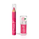 Imagem do Combo Rosa Quem Disse, Berenice?, contendo um Lip Oil Cuide-se Bem Pessegura em embalagem transparente com um pequeno pêssego decorativo, e Lápis Multifuncional 3 Em 1 Toda Colorida. Ambos possuem tonalidades diferentes de rosa.