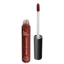 A imagem mostra um batom labial em uma embalagem cilíndrica com a tampa preta e o tubo transparente permite ver o tom marrom brilhante do batom e a marca Quem disse, Berenice? e a linha estampados no frasco.