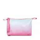 Necessaire de maquiagem em formato retangular. Exterior em material sintético com degradê de cores pastel, indo de azul claro a rosa com pequenos detalhes brilhantes espalhados. Design delicado e feminino, ideal para guardar e transportar cosméticos.