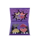 Paleta de sombras compacta da marca "The Powerpuff Girls" em embalagem roxa com ilustrações e texto, contendo sombras em tons de vermelho, rosa e dourado.