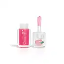 Imagem de um frasco transparente com tampa contendo um líquido na cor rosa e um aplicador em formato de esponja. Rótulo mostra se tratar do Lip Oil Cuide-se Bem Pessegura da marca Quem Disse, Berenice. 