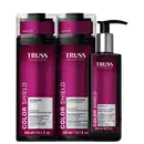 Embalagens de shampoo, condicionador e leave-in da marca TRUSS Professional, com textos "Color Shield" e "Phytic Acid + Chroma Shield Technology" indicando proteção da cor e brilho.