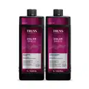 Dois frascos de 1L da linha Color Shield da Truss Professional, contendo shampoo e condicionador para proteção da cor dos cabelos. Embalagens pretas com detalhes em roxo, exibindo o nome da marca e do produto.