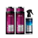 Frascos de shampoo e condicionador da linha Color Shield da Truss Professional, com embalagem preta e rosa, e um frasco de spray da linha Hair Reconstructor da mesma marca, em embalagem azul.