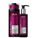 Embalagem e frasco de item da marca TRUSS, com textos "TRUSS PROFESSIONAL", "COLOR SHIELD", "SHAMPOO" e "LEAVE IN" em fundo rosa escuro.
