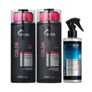 A imagem mostra três produtos. São um shampoo e um condicionador da linha Color, ambos em embalagens pretas de 300ml, com detalhes em rosa. E um tratamento spray Uso Obrigatório em uma embalagem de 260ml, nas cores preta e azul.
