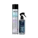Dois produtos da marca Truss: um frasco de spray fixador de cabelo "Stay Fix Strong" e um frasco de tratamento anti-frizz "Frizz.zero", ambos em embalagens pretas e azuis com detalhes em branco.