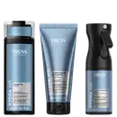 Três produtos da marca TRUSS Professional: shampoo, máscara condicionadora e spray hidratante, em embalagens pretas e azuis com detalhes em branco, exibindo o nome da marca e informações sobre os benefícios dos produtos.