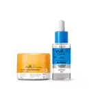 A imagem mostra um kit com dois produtos, um pote arredondado amarelo e branco e um frasco tipo conta-gotas transparente com rótulo azul e cinza.