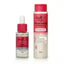 Dois produtos da marca Vult Facial: um sérum antimarcas de rosa mosqueta em frasco de 30ml e um leite de limpeza de rosa mosqueta em embalagem de 250ml, ambos com cores predominantes em vermelho e branco.
