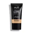 Tubo preto da marca Vult contendo base líquida "Iconic Matte" com acabamento natural, cobertura média e longa duração, com tecnologia "Pro-Finish" destacada no rótulo.