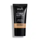 Tubo preto de base líquida Iconic Matte da marca Vult, com acabamento natural e tecnologia Pro-Finish, promovendo longa duração e cobertura média sem transferência.