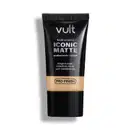 Tubo de base líquida Iconic Matte da marca Vult, com acabamento natural e longa duração. Embalagem preta com texto branco indicando a tecnologia Pro-Finish.