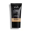 Tubo preto da marca Vult contendo base líquida Iconic Matte, com acabamento natural e longa duração. Rótulo destaca a tecnologia Pro-Finish para cobertura média sem transferência.