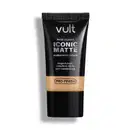 Tubo preto com rótulo da marca Vult contendo base líquida Iconic Matte, com acabamento natural e tecnologia Pro-Finish para longa duração e cobertura média sem transferência.
