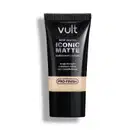Tubo preto da marca Vult contendo base líquida Iconic Matte, com acabamento natural e longa duração. Apresenta tecnologia Pro-Finish para cobertura média sem transferência.