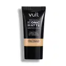 Tubo preto da marca Vult contendo base líquida Iconic Matte com acabamento natural, longa duração e cobertura média, sem transferência. Destaca a tecnologia Pro-Finish.