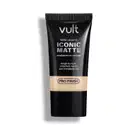 Tubo preto da marca Vult contendo base líquida Iconic Matte com acabamento natural, tecnologia Pro-Finish e cobertura média sem transferência.