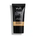 Tubo de base líquida Iconic Matte da marca Vult, com acabamento natural e longa duração. Embalagem preta com detalhes em dourado, destacando a tecnologia Pro-Finish.