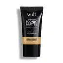 Tubo preto de base líquida Iconic Matte da marca Vult, com acabamento natural e tecnologia Pro-Finish, promovendo longa duração e cobertura média sem transferência.