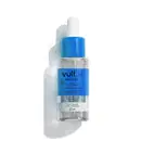 Frasco transparente arredondado contendo líquido incolor. Tampa azul e branca do tipo pipeta. Rótulo azul e branco com o nome do produto em letras pretas.