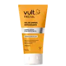 Gel de limpeza facial antioxidante Vult. Embalagem plástica amarela com detalhes em branco. Rótulo com o nome do produto "Gel de Limpeza Antioxidante" e informações adicionais como "Limpeza suave com efeito matte" e "Todos os tipos de pele". Contém 150g.