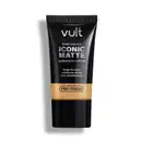 Tubo preto da marca Vult contendo base líquida Iconic Matte com acabamento natural. Apresenta tecnologia Pro-Finish para longa duração e cobertura média, sem transferência.