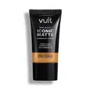 Tubo preto de base líquida Iconic Matte da marca Vult, com acabamento natural e tecnologia Pro-Finish, promovendo longa duração e cobertura média sem transferência.
