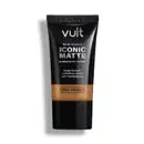 Tubo preto de base líquida Iconic Matte da marca Vult, com acabamento natural e tecnologia Pro-Finish, promovendo longa duração e cobertura média sem transferência.