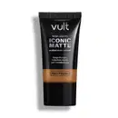 Tubo preto de base líquida Iconic Matte da marca Vult, com acabamento natural e longa duração, sem transferência, com tecnologia Pro-Finish.
