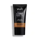 Base líquida Iconic Matte da Vult, em embalagem preta com detalhes em dourado, apresentando tecnologia Pro-Finish para longa duração e cobertura média sem transferência.
