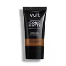 Tubo preto de base líquida Iconic Matte da marca Vult, com acabamento natural e tecnologia Pro-Finish, promovendo longa duração e cobertura média sem transferência.