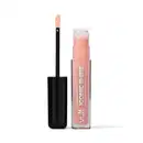 Produto de beleza Vult, um gloss labial líquido com embalagem plástica transparente e tampa preta. A cor predominante é um tom rosado claro, com o nome "Iconic Shine" impresso no rótulo.