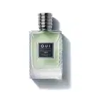 Frasco de item de perfumaria da marca O.U.i, com formato retangular, tampa prateada e rótulo preto com texto "HOTEL DE VILLE 193" em fundo verde claro.