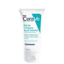 Tubo branco com rótulo azul e texto "CeraVe Gel de Limpeza Acne Control". Contém informações sobre o produto, incluindo ingredientes e benefícios, como controle da oleosidade e acne, além de ceramidas essenciais, niacinamida e argila branca.