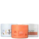 Três máscaras da marca Wella Professionals: Oil Reflections,  Nutri-Enrich e Fusion Mask, todos com embalagens e rótulos característicos da marca.