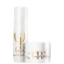 Dois produtos da linha Wella Professionals Oil Reflections: um frasco de shampoo luminoso e uma embalagem de máscara sublimadora, ambos com design minimalista em branco e dourado.