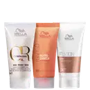 Três produtos da marca Wella Professionals: um frasco branco de máscara Oil Reflections, um tubo laranja de tratamento Nutri-Enrich e um frasco branco da máscara Fusion Intense Repair.